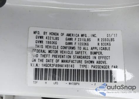 2017 Honda Accord Ex-L from USA, damaged, VIN 1HGCR2F89HA149140